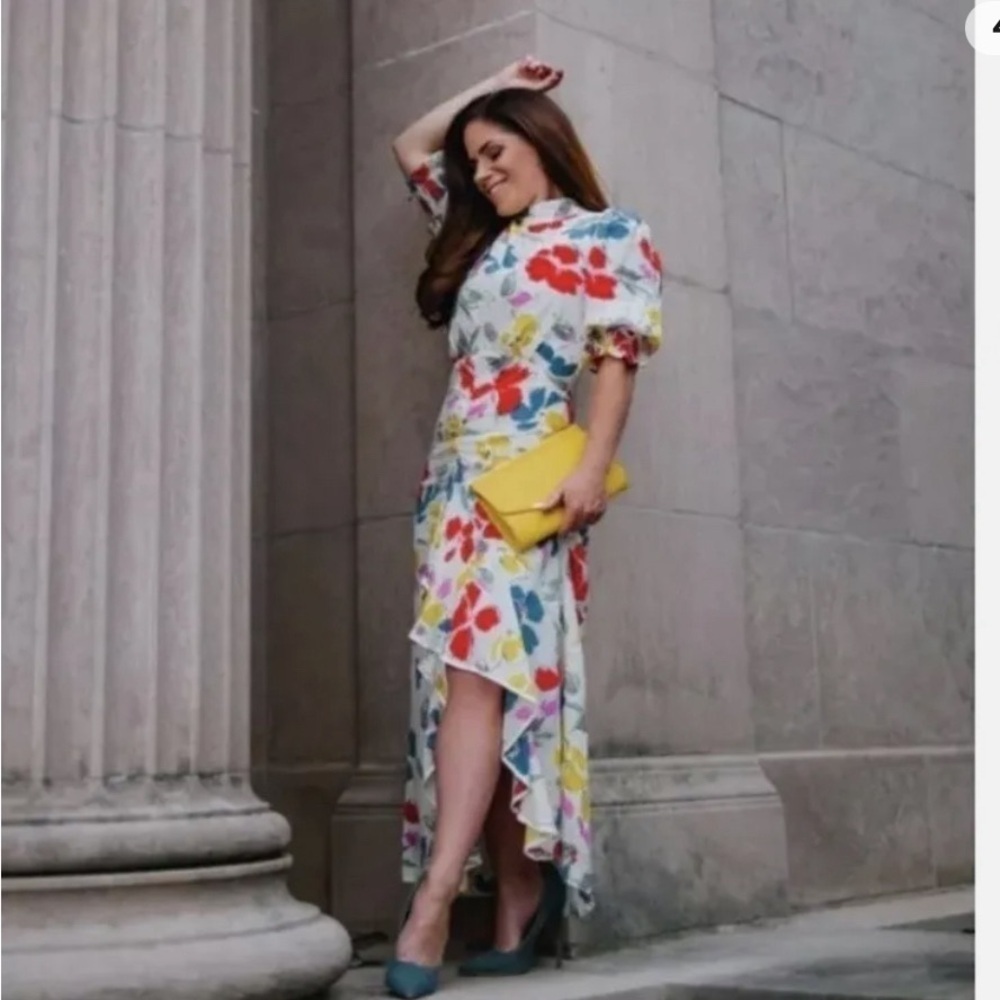 RIXO Floral Maxi Dress Mock Neck Cascade Ruffle Split - Picture 6 of 12